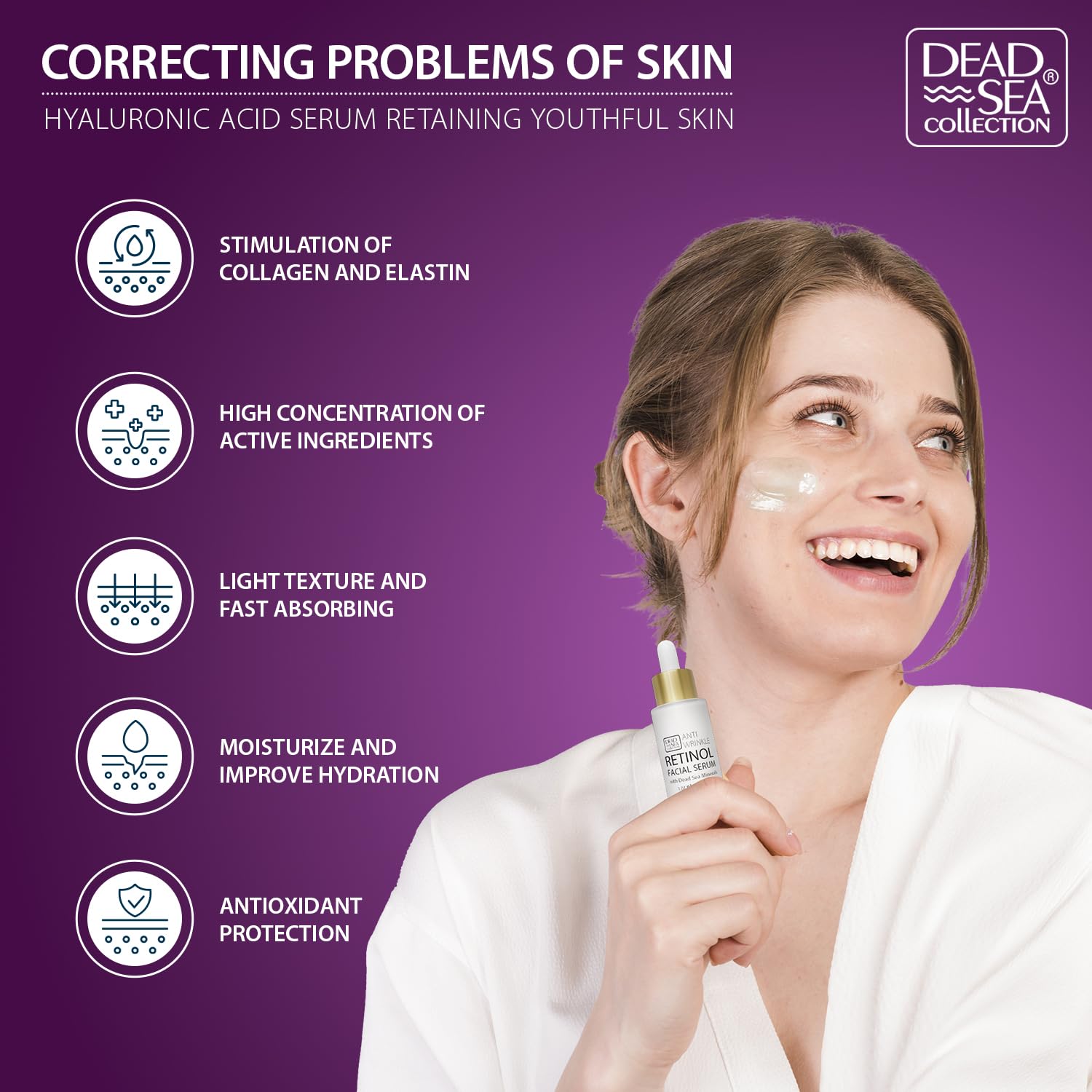 Dead Sea Collection Collagen Serum for Face - Anti-Wrinkle Hydration Facial Serum - Smooth and Moisturized Skin - Enriched with Dead Sea Minerals and Vitamins - 1.01 fl.oz